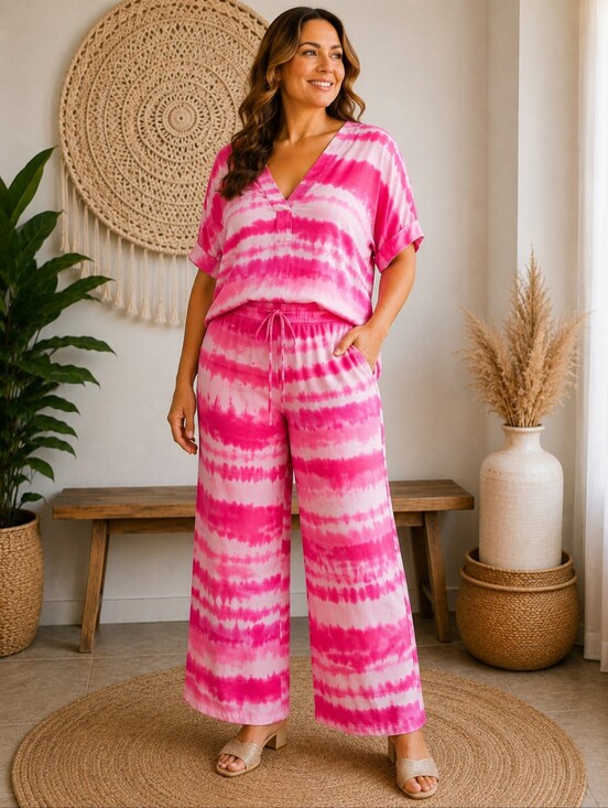 Natori Pants - Natori Women’s Large Pink White Tie Dye 2 Piece Lounge Set Cropped Pants